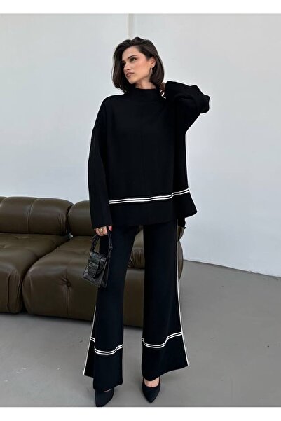 MAXXANA Half Turtleneck Oversize Sweater and Slit Wide Leg Pants Double Knitwear Set