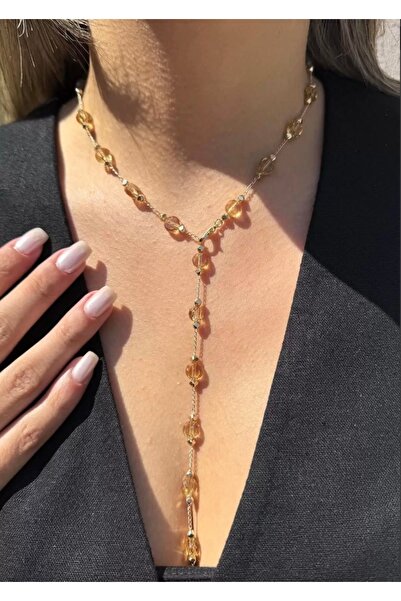 Yegane Altın Renk Zincirli Amber Görünümlü Boncuklu Y Kolye