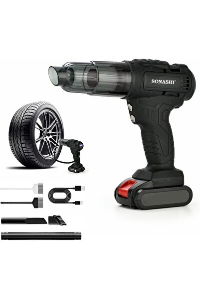 sonashi مكنسة كهربائية للسيارة ومنفاخ إطارات 2 في 1