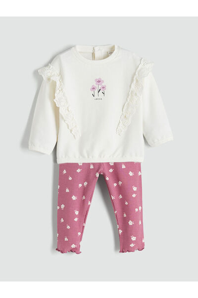 LC Waikiki سترة وبنطلون ليجنز بناتي بياقة دائرية مزين بالزهور باللون البيج، ط...