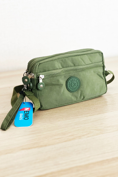 NEMO BAGS Unisex Army Khaki Wallet, 4 Compartments, Phone Holder, Crinkle Fabric, Crossbody Shoulder Bag, 20X12Cm