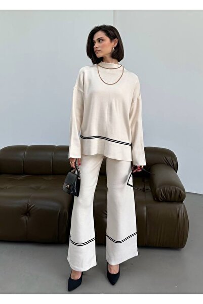 MAXXANA Half Turtleneck Oversize Sweater and Slit Wide Leg Pants Double Knitwear Set