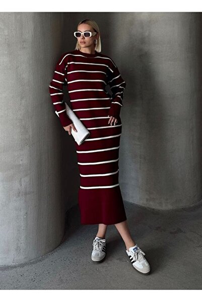 MAXXANA Slit Detailed Striped Long Sleeve Knitwear Dress