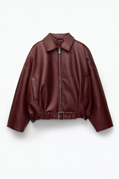 Moderk PB Yeni Sezon Oversize Bomber Bordo Kadın Deri Ceket