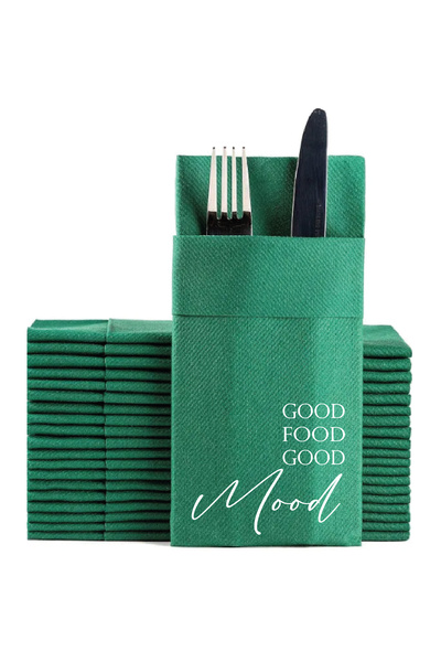 NapkinStore 12 Pieces - Fabric Textured Airlaid Premium Napkins (White) with Good Food Print