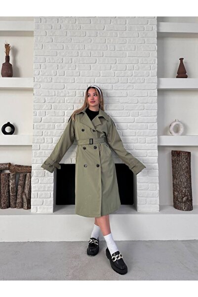 Bella Breeze Kadın Çift Düğmeli Şık ve Klasik Model Kemerli Uzun Trençkot