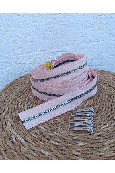 NGA's Toz Pembe T6 Gümüş Diş Kemik Fermuar Gümüş Başlık - 5 metre fermuar - 5...