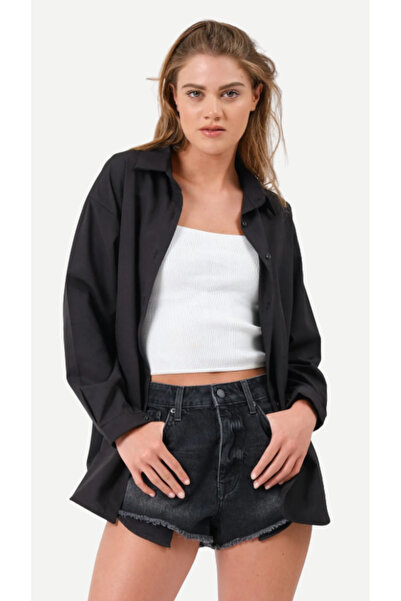 Kadın Oversize Basic Uzun Gömlek - Siyah