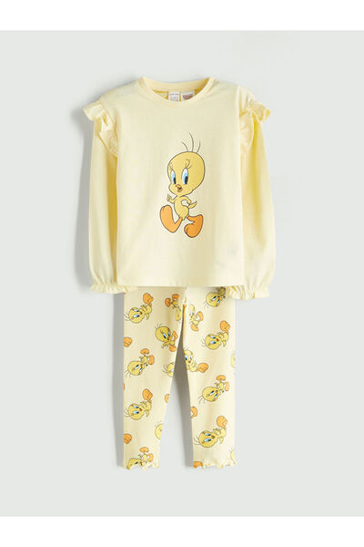 LC Waikiki Lcw Baby Yellow Crew Neck Tweety Printed Ruffle Baby Girl Blouse a...