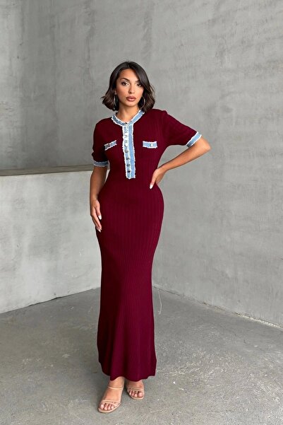 URİS Γυναικείο μπορντό κομψό τζιν με λεπτομέρεια κοντομάνικο πλεκτό φόρεμα με...