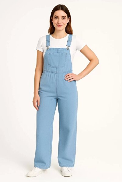 hibiscus Women's Chambray Light Blue Denim Look Wide Leg Salopet Jumpsuit - Blue