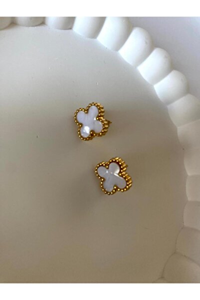 marsel aksesuar أقراط من الفولاذ الذهبي اللؤلؤي الأبيض على شكل برسيم