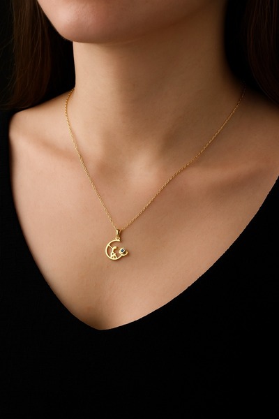 LUNIVA JEWELRY Gold Kedi ve Ay Figürlü Kolye