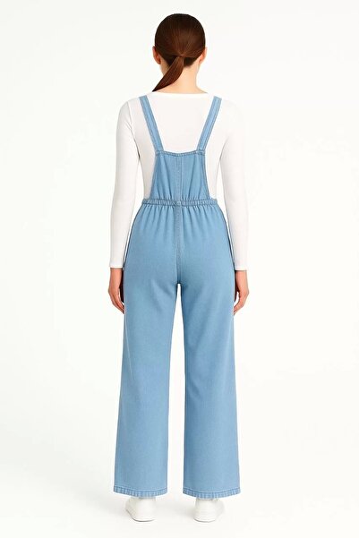 hibiscus Women's Chambray Light Blue Denim Look Wide Leg Salopet Jumpsuit - Blue