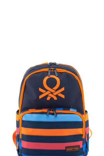 Benetton Boy's Kindergarten Bag - Striped, Iconic Logo Printed, Navy Blue - Baggy Mood