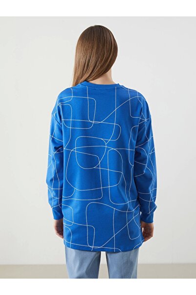 LC Waikiki LCWAIKIKI Classic Mavi Bisiklet Yaka Desenli Oversize Kadın Sweatshirt Tunik