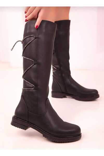 DYG STORE Black Boydan Stone-Embellished Lace-Up Zippered Women's Boots 107212