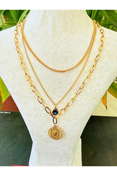 ATLASAKSESUARR Üç Zincir Mavi Taşlı Elizabeth Gold Altın Kaplama Kolye