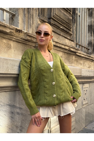 B2K FASHION Green Hair Knit Oversized Sweater Cardigan with Button Detail