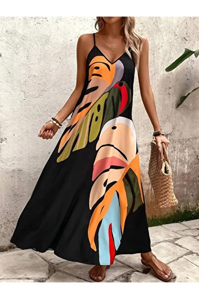 Viyamo New Season Women's Patterned Single Jersey Dress with Wide V-Neck and Rope Strap