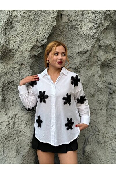 369 etnik butik Woven Women's Shirt with Floral Appliques