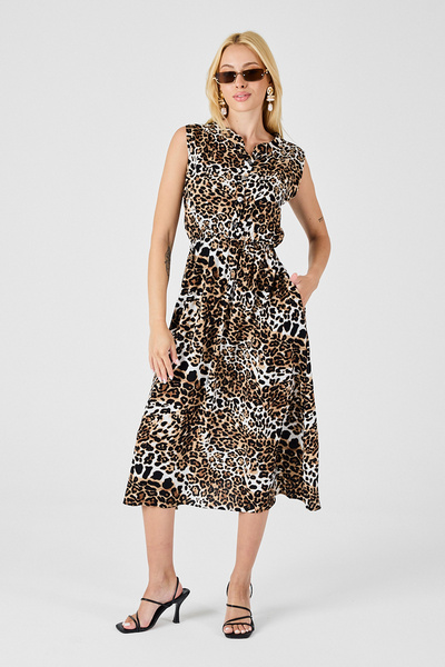 bacc Leopard Notched Collar Buttoned Patterned Sleeveless Midi Dress Bcvl-254025