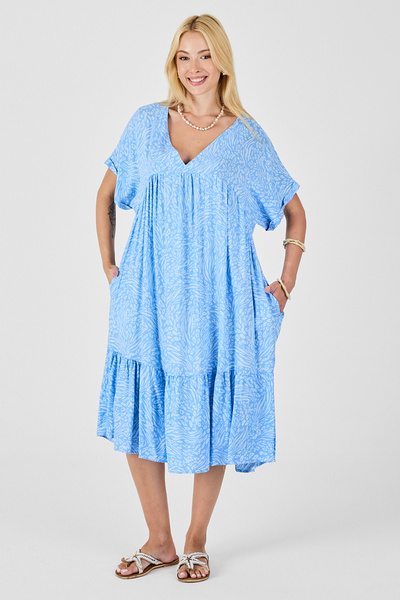 bacc Rochie de damă albastru-gheață, cu decolteu în V, croială supradimensionat , model, buzunare duble și volane, BCVL-254028