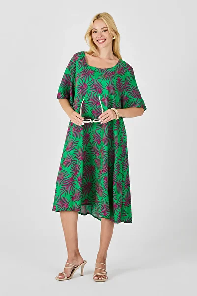 bacc Green Wide Collar Patterned Midi Length Dress Bcvl-254009