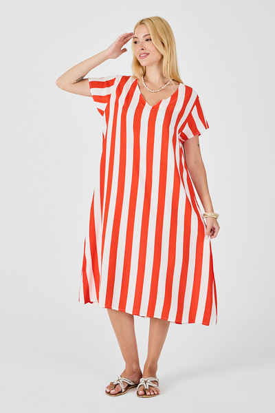 bacc Mercan V-Neck Short Sleeve Relaxed Fit Dress Bcvl-254003
