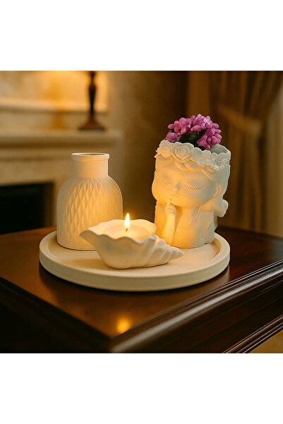 Hediyelik Çiçekler 4'lü Set - Çiçekli Kız + Mum + Vazo + Tepsi