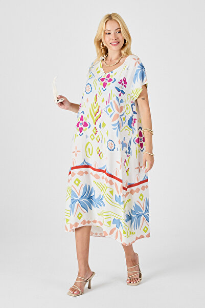 bacc Γυναικείο Φόρεμα Midi με Εκρού Σχέδιο και V-Λεπτή Λαιμόκοψη BCVL-254007