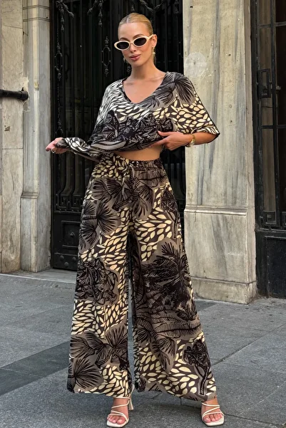 bacc Light Brown Patterned V-Neck Half Sleeve Blouse and Elastic Waist Palazzo Pants Set Bcvl-254001