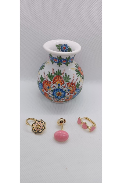 Çelik Altın kaplama 3lü küpe seti pembe