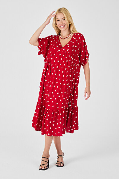 bacc Women's Red V-Neck Oversize Cut Patterned Double Pocket Flounce Dress Bcvl-254028