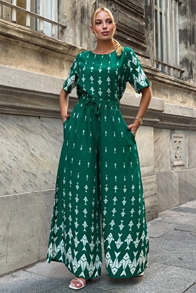 bacc Green Crew Neck Patterned Blouse and Pants Set Bcvl-254002