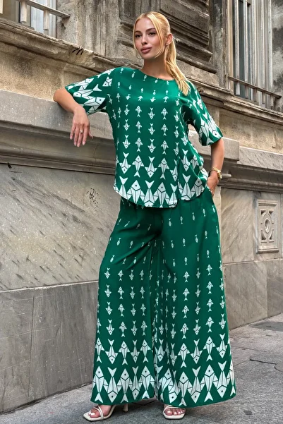 bacc Green Crew Neck Patterned Blouse and Pants Set Bcvl-254002