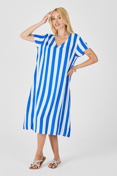 bacc Blue V-Neck Short Sleeve Relaxed Fit Dress Bcvl-254003