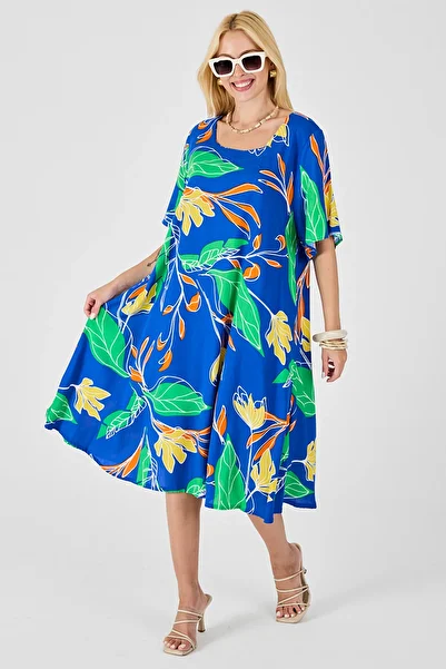 bacc Saks Leaf Print U-Neck Short Sleeve Midi Length Dress Bcvl-254011