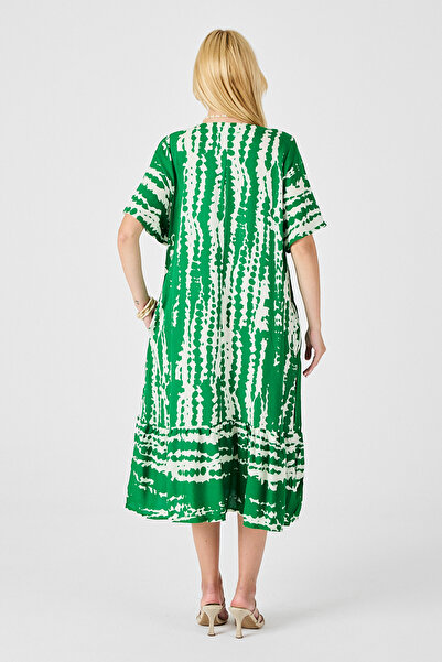 bacc Women's Green Tie-Dye Patterned V-Neck Skirt Flared Oversize Dress Bcvl-254023