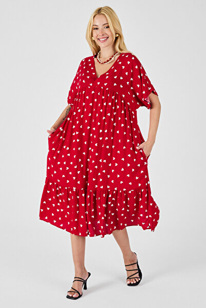 bacc Women's Red V-Neck Oversize Cut Patterned Double Pocket Flounce Dress Bcvl-254028