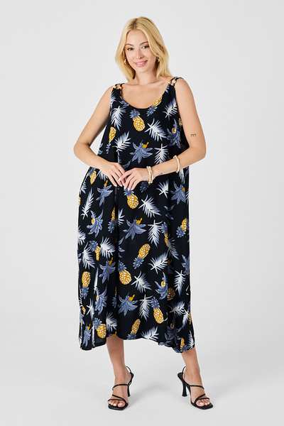 bacc Yellow Strap Beaded Detailed Double Pocket Patterned Loose Dress Bcvl-254027