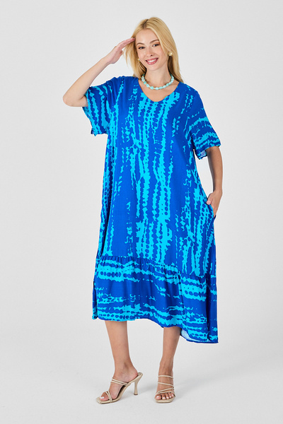 bacc Blue Tie-Dye Patterned V-Neck Skirt Flounce Oversize Dress Bcvl-254023