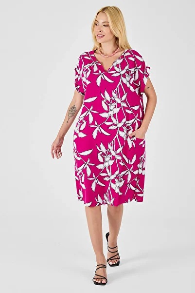 bacc Fuchsia Tropical Print V-Neck Oversize Midi Dress Bcvl-254021