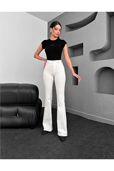 geenz manifacture Blugi cu picioare evazate albi Super Lycra Pantaloni spanio...