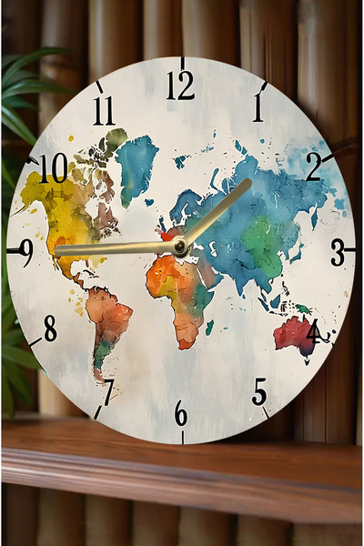 kutuTR Mdf Wall Clock with Colorful World Map Design, Both Decorative and Functional – 33X33 cm Sdw370