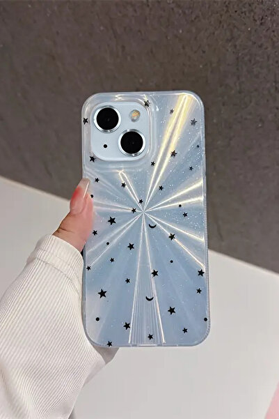 KVK PRİVACY Apple iPhone 13/14 Uyumlu – Mavi Yıldız Patlaması Desenli Parlak Şeffaf Silikon Kılıf