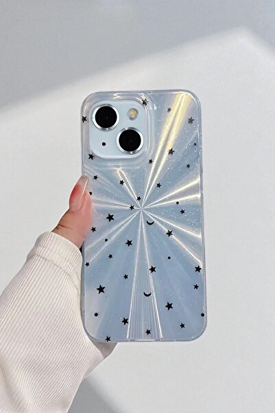 KVK PRİVACY Apple iPhone 13/14 Uyumlu – Mavi Yıldız Patlaması Desenli Parlak Şeffaf Silikon Kılıf