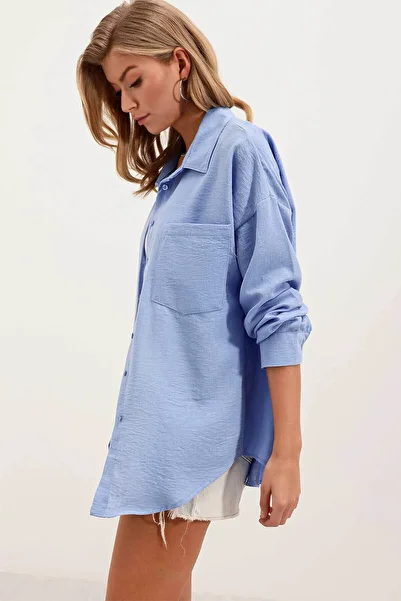 Bigdart Single Pocket Oversize Linen Blue Women's Shirt 20153