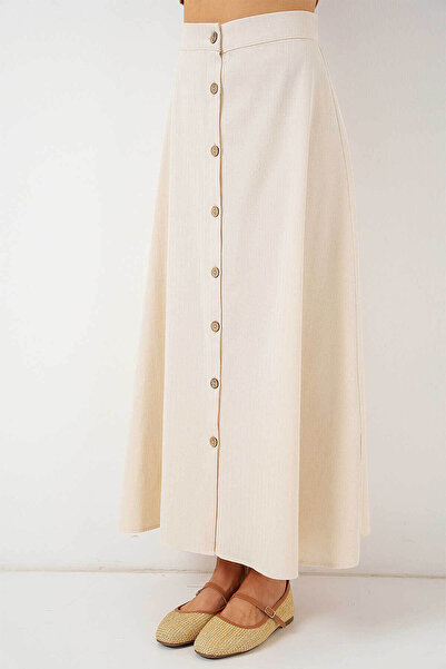 Bigdart Düğmeli Keten Uzun Krem Kadın Etek 8046