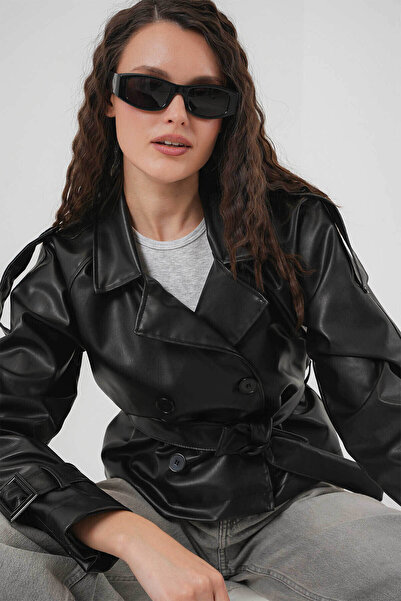 Bigdart Kemerli Siyah Kadın Deri Ceket 1046